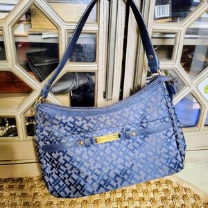 Tommy Hilfiger Navy Monogram Shoulder Bag – Classic Crossbody Purse with Gold Lo